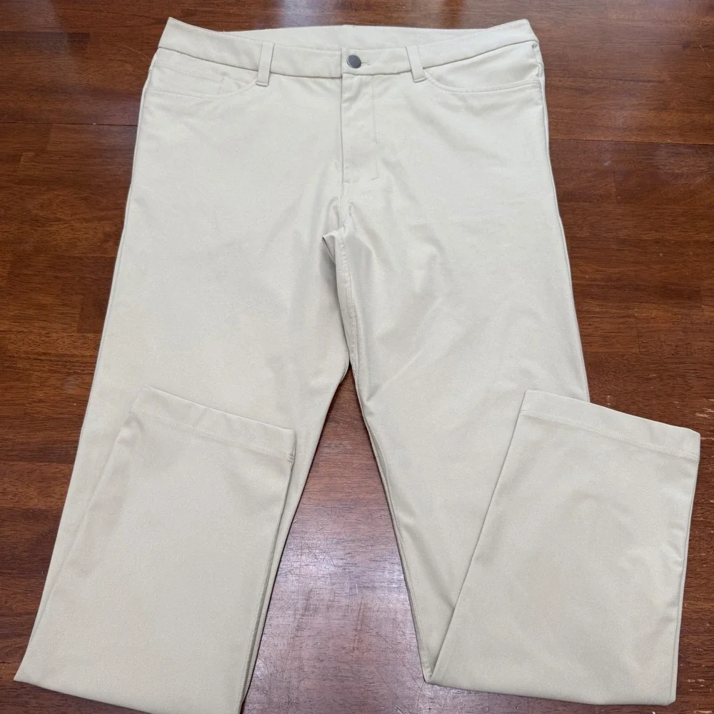 Lululemon ABC Slim Fit Pant Mens 34 Khaki Tan Technical Chino Stretch Trousers